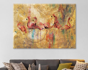 Pink Flamingos Canvas Print Wall Art Decor, Abstract Canvas, Modern Animal Hanging Wall Art Decor