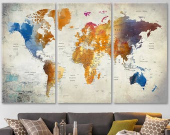 World Map Push Pin Canvas, World Map Wall Art, Large Canvas Decor, Detailed Earth Art Wall Decor, Home&Office Decor Object