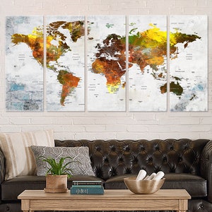 Travel World Map Art Canvas Decor, Push Pin Adventure Map, Large Canvas Wall Art, World Map Decor for Your Home or Office