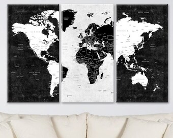 World Map Canvas, Push Pin Travel Map, Large Canvas Wall Art, Map Wall Decor, Home Gift, Living Room Decor, Black And White World Map