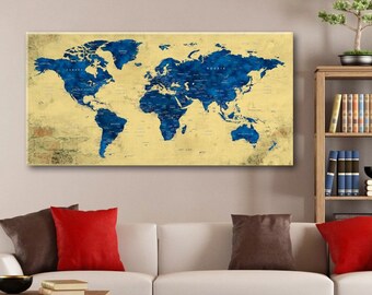 World Map Wall Art Canvas, Large Push Pin Travel Map Navy Blue And Yellow, Framed Office Home or Living Room Decor, Home Gift, Modern Art