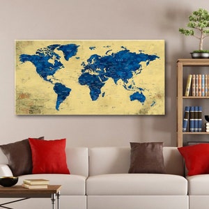 World Map Wall Art Canvas, Large Push Pin Travel Map Navy Blue And Yellow, Framed Office Home or Living Room Decor, Home Gift, Modern Art