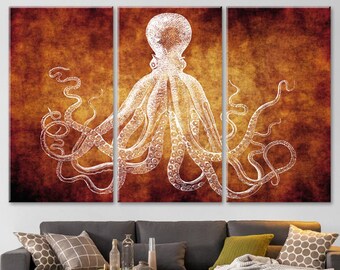 Brown Octopus Decor, Octopus Canvas Art, Large Wall Decor, Triptych Octopus Art, Modern Home Decor, Office Wall Art, Animal Canvas