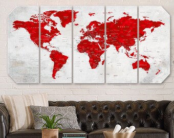 Red World Map Canvas, Octagonal Wall Art, Push Pin Travel Map, Home Gift, Office Decor, Living Room Decor, Adventure Map, Octagonal Red Map