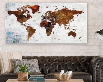 World Map Canvas Art, Copper and Brown Color Earth Art Decor, Adventure Push Pin World Map, Home & Office Decor, Wall Art For Living Room