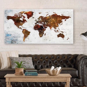 Weltkarte Leinwand Kunst, Kupfer und Braun Farbe Erde Kunst Dekor, Abenteuer Push Pin Weltkarte, Haus & Büro Dekor, Wandkunst für Wohnzimmer