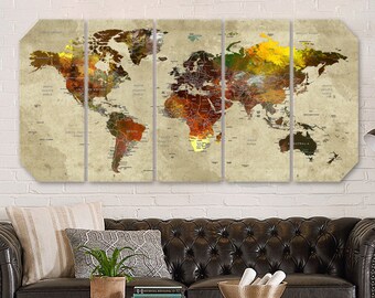 World Map Canvas, Octagonal Wall Art, Push Pin Travel Map, Home Gift, Office Decor, Living Room Decor, Adventure Map, Octagonal World Map
