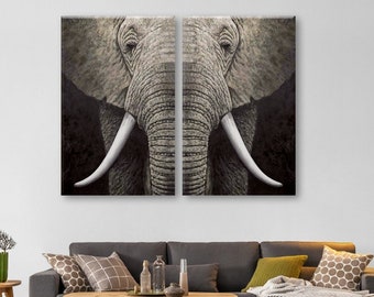 Elephant Wall Art, 2 Panels Canvas Print Wall Decor, Elephant Head Large Home Decor, Office Wall Art
