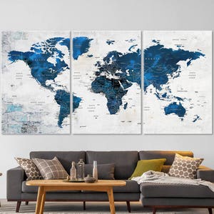 Weltkarte Leinwand, Pin Reisekarte, große Leinwand Wandkunst, marineblaue Abenteuer Weltkarte, Wohnzimmer, Haus oder Büro Dekor, Geschenk für Haus