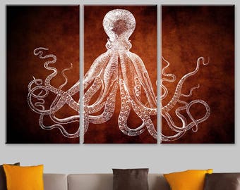 Octopus Canvas Decor, Dark Brown Octopus Canvas, Copper Wall Decor, Modern Home Decor, Triptych Octopus Art, Office Decor, Housewarming