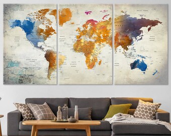 World Map Canvas, Push Pin Travel World Map Decor, Soft Color Canvas Wall Art, Home Gift, Office Decor, Adventure Map Decor, Living Room Art