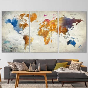 Toile carte du monde, décoration de carte du monde de voyage avec épingles, oeuvre d'art murale en toile de couleurs douces, cadeau pour la maison, décoration de bureau, décoration de carte d'aventure, oeuvre d'art de salon