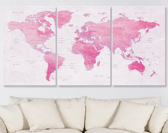 World Map Canvas Wall Art, Soft Pink Color Push Pin Travel Adventure Map, Home, Nursery, Office or Living Room Decor