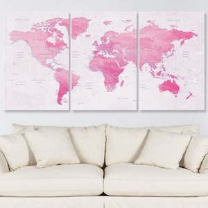Wereldkaart canvas muurkunst, zachtroze kleur push pins reisavonturenkaart, decor thuis, kinderdagverblijf, kantoor of woonkamer