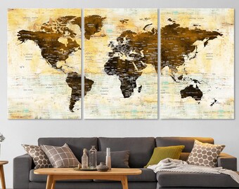 World Map Wall Art, Push Pin Travel Map, Large World Map ADventure Canvas, Home Gift, Office Decor, Living Room Decoration, Rustic Map