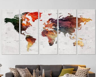 World Map Canvas, Push Pin Travel Map, Colorful Canvas Decor, Large Map Print, Canvas Map Decor, Adventure World Map, Wanderlust World Map