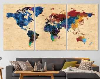 World Map Canvas Wall Art, Push Pin Travel Map, Home, Office, Living Room Decor, Adventure Wall Art Canvas