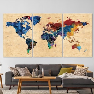 Weltkarte Leinwand Wandkunst, Push Pin Reisekarte, Haus, Büro, Wohnzimmer Dekor, Abenteuer Wand Kunst Leinwand