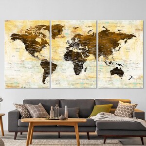 Art mural carte du monde, carte de voyage avec punaises, grande toile d'aventure carte du monde, cadeau pour la maison, décoration de bureau, décoration de salon, carte rustique