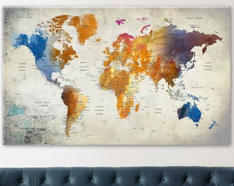 World Map Canvas, Push Pin Travel Map, World Map Wall Art, Colorful, Large Map Wall Decor, Office Decor, Adventure Geographic Decoration Art
