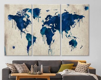 Water Color Style World Map Wall Art, Navy Blue and Watercolor Design Fine Art Print, Large Home and Office Decor, Framed Earth Decor