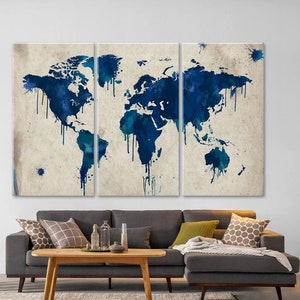 Wasserfarben-Stil Weltkarte Wandkunst, Marineblau und Aquarell Design, Fine Art Print, großes Haus- und Bürodekor, gerahmtes Erddekor