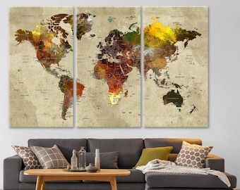 Large World Map Canvas, Push Pin Travel World Map, Autumn Colors Map, Wanderlust Wall Decor, Adventure World Map, Wall Art for Living Room