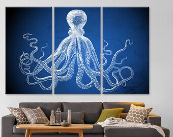 Octopus Wall Art, Kraken Canvas Blue Nautical Home Decor, Beach House Triptych Set of 3 Art Print on Canvas