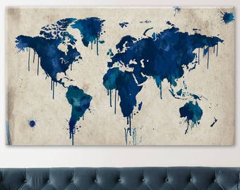 World Map Canvas, Navy Blue Map Decor, Large Canvas Decor, Large World Map, Home Gift, Home and Office Decor, Blue World Decor