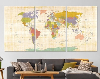 World Map Canvas Decor, Family Travel Push Pin Wall Art, Detailed Vintage Style Earth Art, Adventure World Map Poster