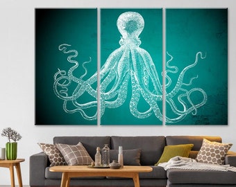Turquoise Octopus Decor, Octopus Teal Canvas, Large Wall Decor, Triptych Octopus, Modern Home, OfficeWall Decor, Housewarming