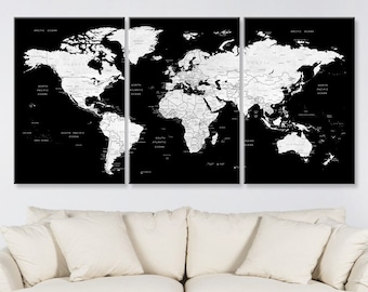 World Map Canvas, Push Pin Travel Map, Black And White World Map, Home Gift, Office Decor, Living Room Wall Decor, Large Adventure Map