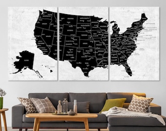 US Map Canvas Wall Art, Black & White Adventure Push Pin Travel Map, Home or Office Decor, The US Map With Capitals and Big Cities