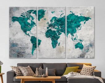 Turquoise World Map Canvas Wall Art, Push Pin Travel Adventure Map, Office or Home Decor