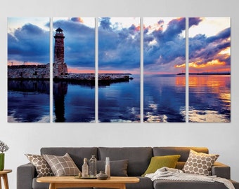 Sunset and Lighthouse Landscape Canvas Wall Art, Canvas Print Home or Office Decor, Nautical Photo Living Room Decor