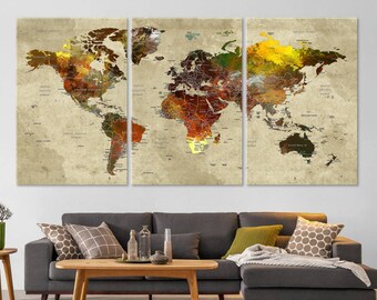 World Map Canvas Wall Art, Push Pin Travel Map, Rustic Style Adventure Wall Decor, Home, Living Room or Office Decor