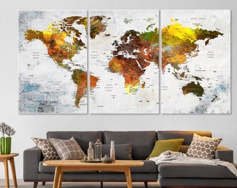 World Map Canvas, Extra Large Push Pin Travel Map, Adventure Wall Decor, Home Living Room Decor, Framed Canvas Office Decor