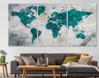 Turquoise World Map Canvas Wall Art, Push Pin Travel Map, Living Room Home and Office Decor