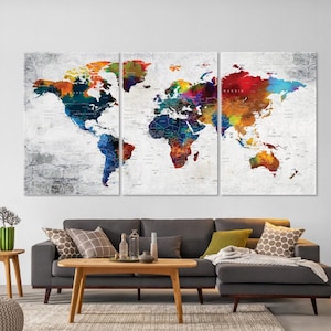 Push pin wereldkaart canvas muurkunst, kleurrijke avonturenkaart, canvas aardekunst decor, kunst aan de muur thuis, op kantoor of woonkamer