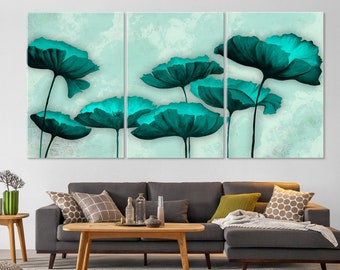 Turquoise Flowers Canvas, Modern Teal Floral Wall Art, Poppies Art, Modern Home Office Living Room Decor, Nature Canvas Wall Art