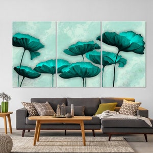 Turquoise Flowers Canvas, Modern Teal Floral Wall Art, Poppies Art, Modern Home Office Living Room Decor, Nature Canvas Wall Art