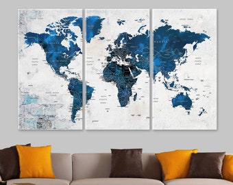 World Map Canvas, Push Pin Travel Map, Navy Blue World Map, Home Gift, Large Wall Decor, Adventure Awaits, Housewarming Gift, Adventure Map