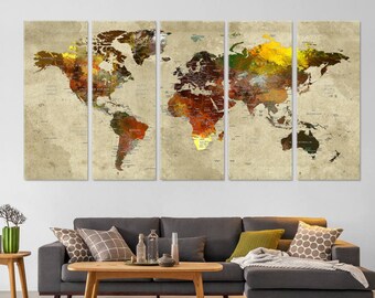 World Map Wall Art, Push Pin Canvas Decor, Autumn Colors Adventure's Map, Family Travel, Earth Art 5 Panels Canvas