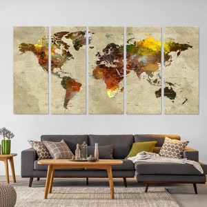 Weltkarte Wandkunst, Stecknadel Leinwand Dekor, Herbstfarben Abenteuerkarte, Familienreisen, Erde Kunst 5 Panels Leinwand