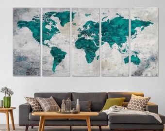 Turquoise Color Extra Large World Map Canvas Wall Decor, Push Pin Travel Map Art, Teal Color Living Room Wall Decor