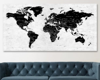 World Map Canvas, Push Pin Travel Map, Black And White World Map, Home Gift, Office Decor, Living Room Wall Decor, Large Adventure Map