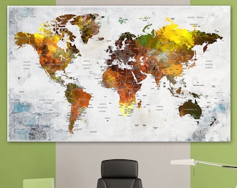 World Map Canvas, Push Pin Adventure Travel Map, Colorful Earth Art, Home & Office Wall Decor, Living Room Wall Art Decor
