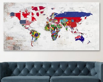 World Map Canvas Wall Art, Adventure Push Pin Travel Map With Countries Flags, Home, Office, Living Room Wall Art Decor