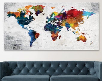 World Map Push Pin Canvas Wall Art, Colorful Wall Decor, Adventure Canvas Travel Map, Home or Office Gift, Large Canvas World Map