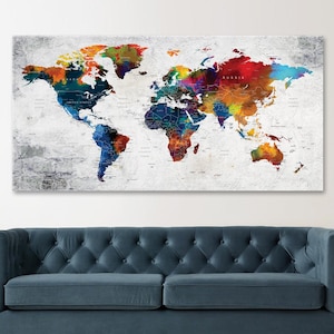 Weltkarte Push Pin Leinwand Wandkunst, buntes Wanddekor, Abenteuer Leinwand Reisekarte, Haus oder Büro Geschenk, große Leinwand Weltkarte
